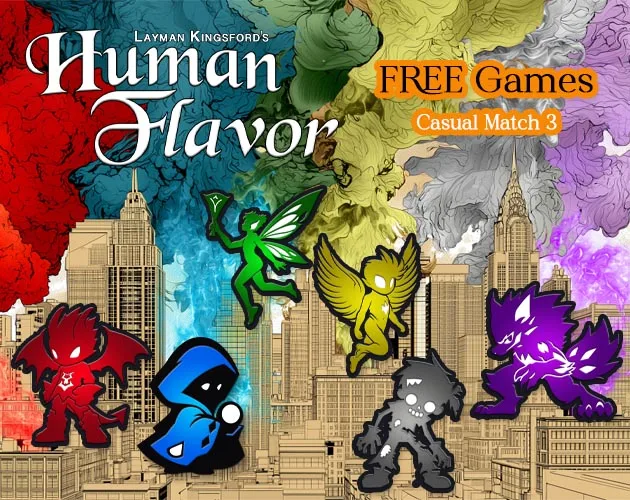 Human Flavor free games: the six clan mascots, red devil, blue mystic, green fairy, yellow angel, grey zombie and purple werewolf, in front of the city skyline.